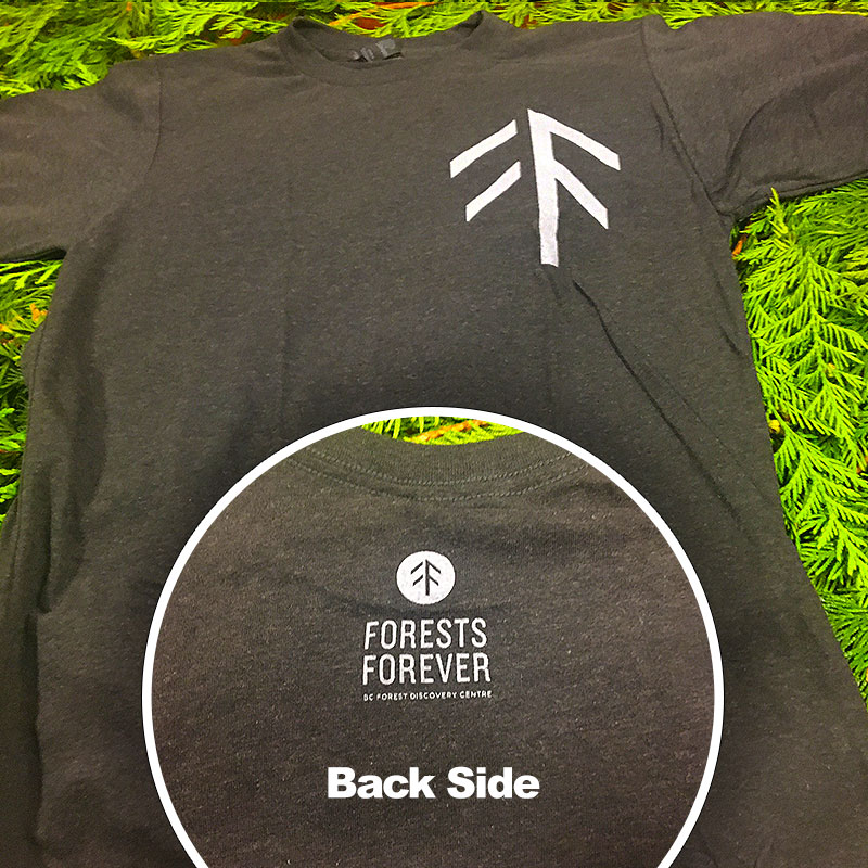 Our Forests Forever Dark Heather Gray T-Shirt with a round neck and short-sleeved. Machine washable 65% Polyester / 35% Cotton. Available in Youth, Women's and Men's sizes.