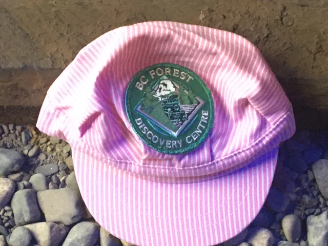 Pink Engineer hat with adjustable velcro with BC Forest Discovery Centre Logo.  100% Cotton.
