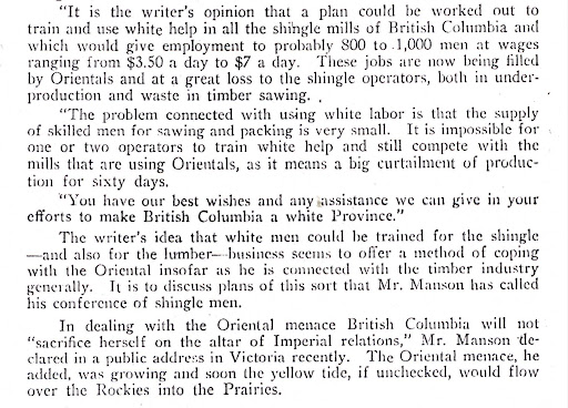Excerpt from “Would Eliminate Orientals” The Western Lumberman, July 1922.